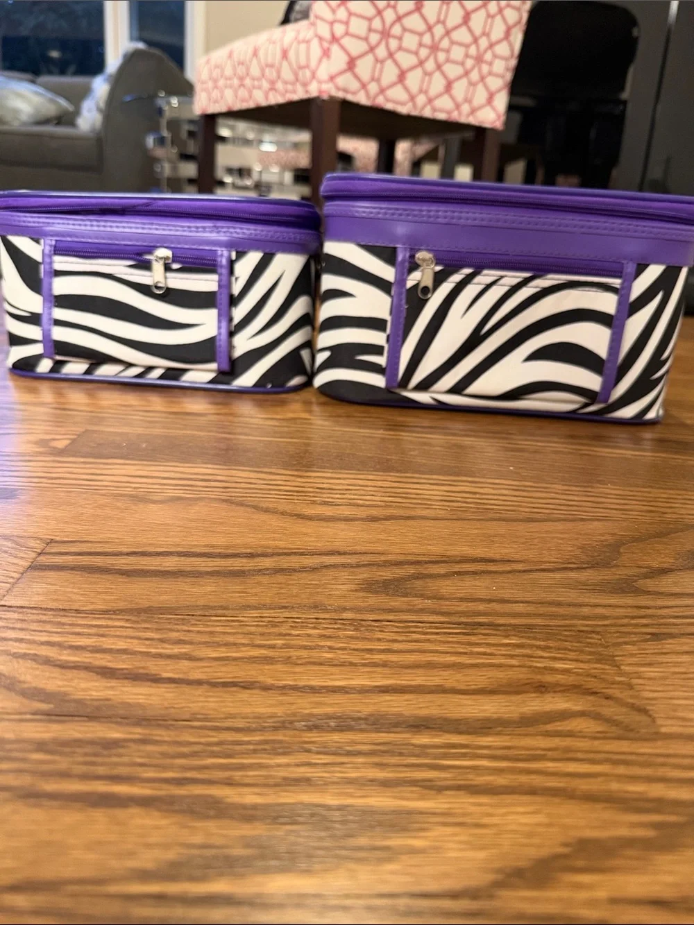 Zebra Print Cosmetic Train Cases with Purple Trim